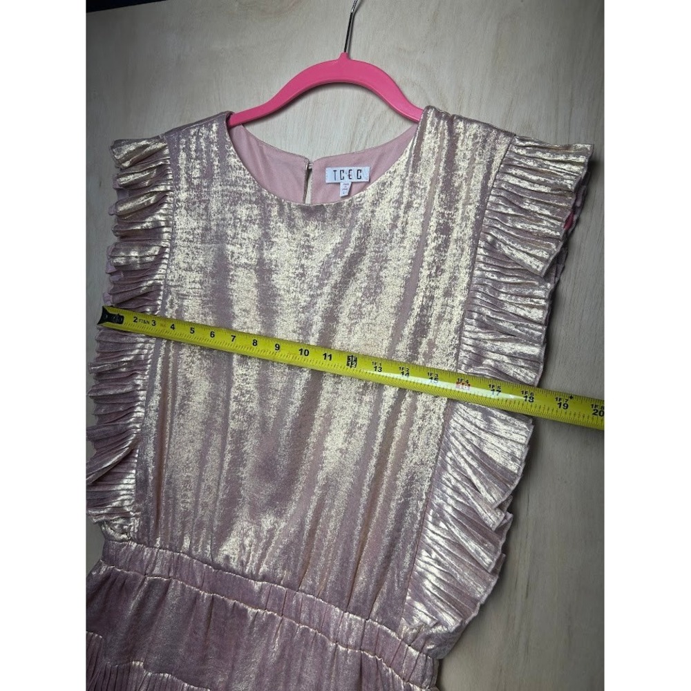 TCEC Rose Gold Metallic Pleated Tiered Ruffle Mini Dress Large - Picture 9 of 12